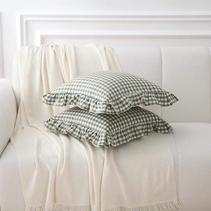 2 Pack Sage Green Plaid Ruffle Gingham Throw Pillow Covers, 100% Washed Cotton - Image 3