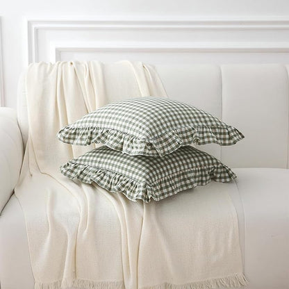 2 Pack Sage Green Plaid Ruffle Gingham Throw Pillow Covers, 100% Washed Cotton - Image 3