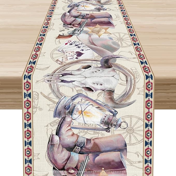 Western Cowboy Table Runner, Watercolor Rustic Country American Wild West by Unknown
