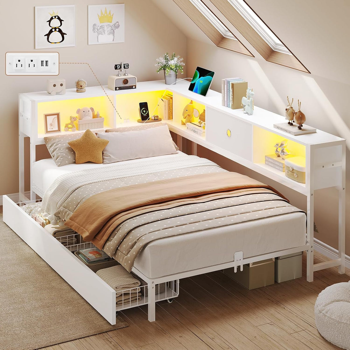 corner twin bed frame with storage bookcase,2 drawers, main product view