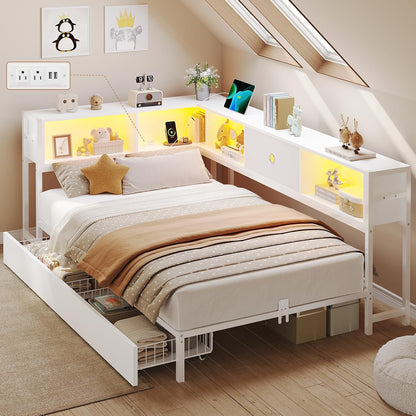 corner twin bed frame with storage bookcase,2 drawers, main product view