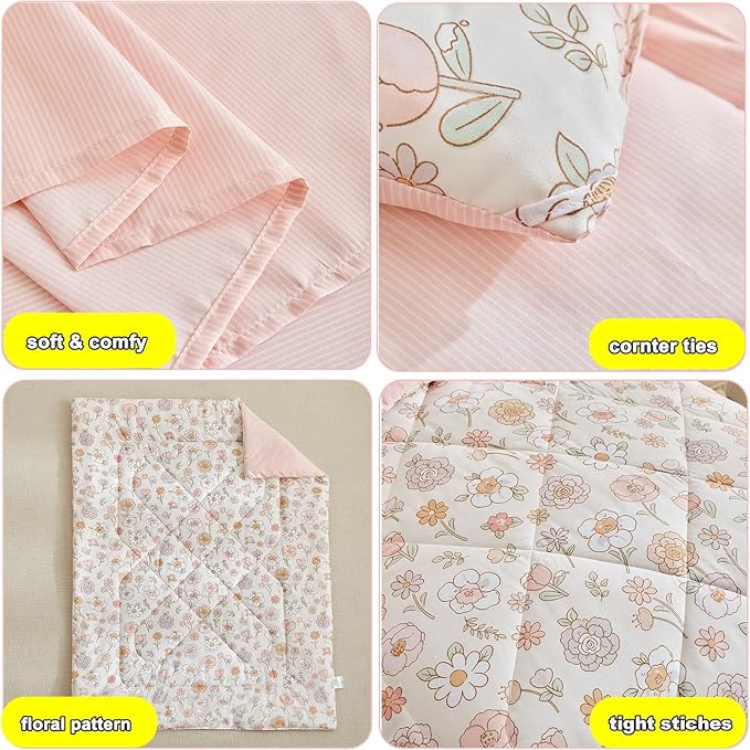 DuShow Floral 4 Piece Girls Toddler Bed Comforter Set Pink Flower Reversible - Image 6