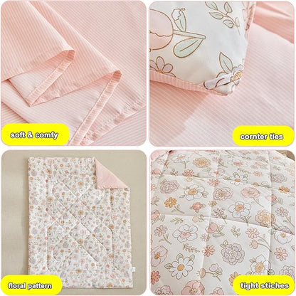 DuShow Floral 4 Piece Girls Toddler Bed Comforter Set Pink Flower Reversible - Image 6