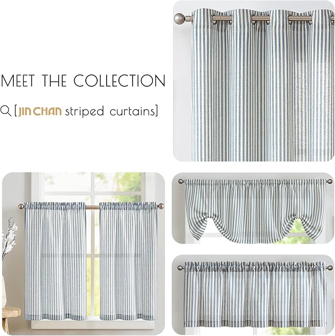 jinchan Tie Top Linen Kitchen Curtains 24 Inches Striped Tier Curtains - Image 6
