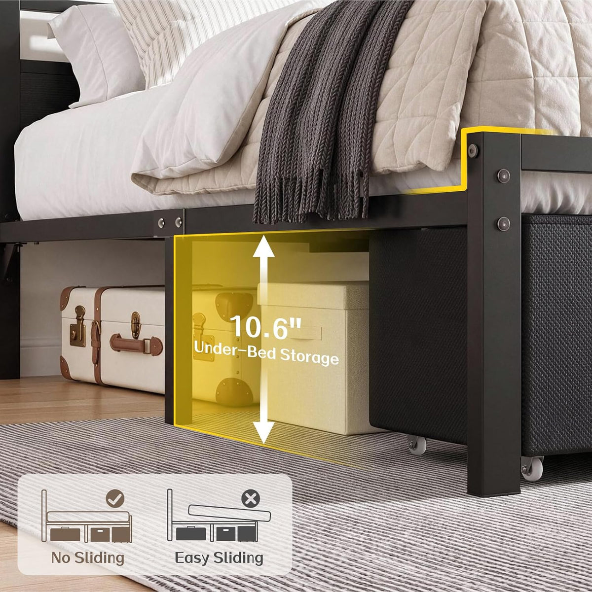 queen size bed frame with 2 storage drawers on a desk or shelf