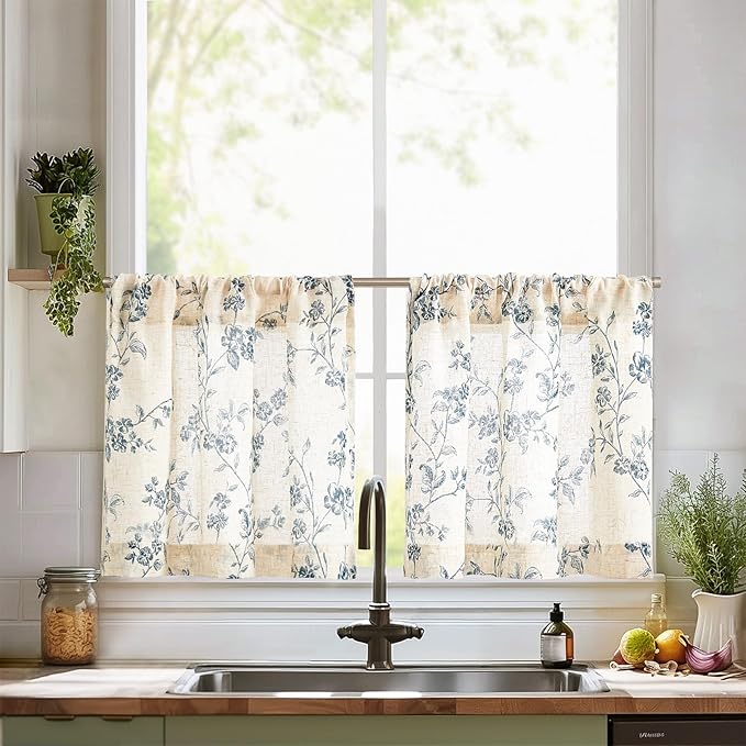 jinchan Floral Kitchen Curtains 24 Inch Linen Tier Curtains Farmhouse Cafe Half by JINCHAN