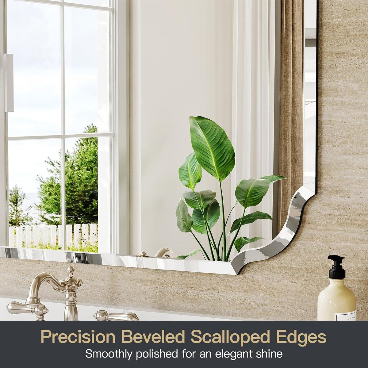 beveled frameless bathroom mirror with scalloped edges, 24" showing dimensions