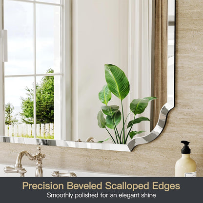 beveled frameless bathroom mirror with scalloped edges, 24" showing dimensions