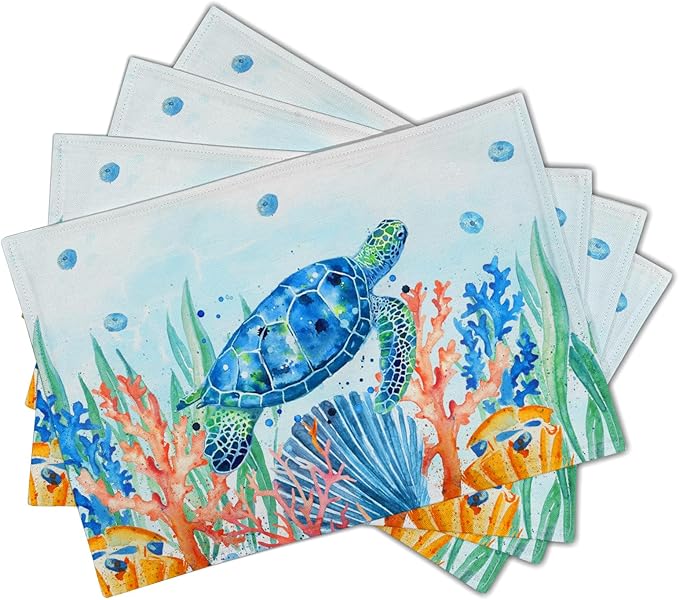 Giwawa Sea Turtle Placemats Set of 4, Watercolor Blue Tortoise Place Mat 12x18 - Image 2