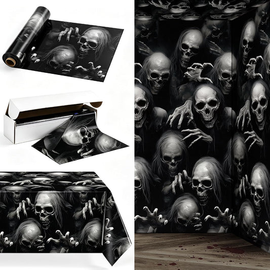Kochorie 100 Ft x 54 Inch Halloween Graveyard Skeleton Tablecloth Roll with Cutter Box Waterproof Plastic Horror Theme Skeleton Ghouls Photography Backdrop for Halloween Spooky Party Decor