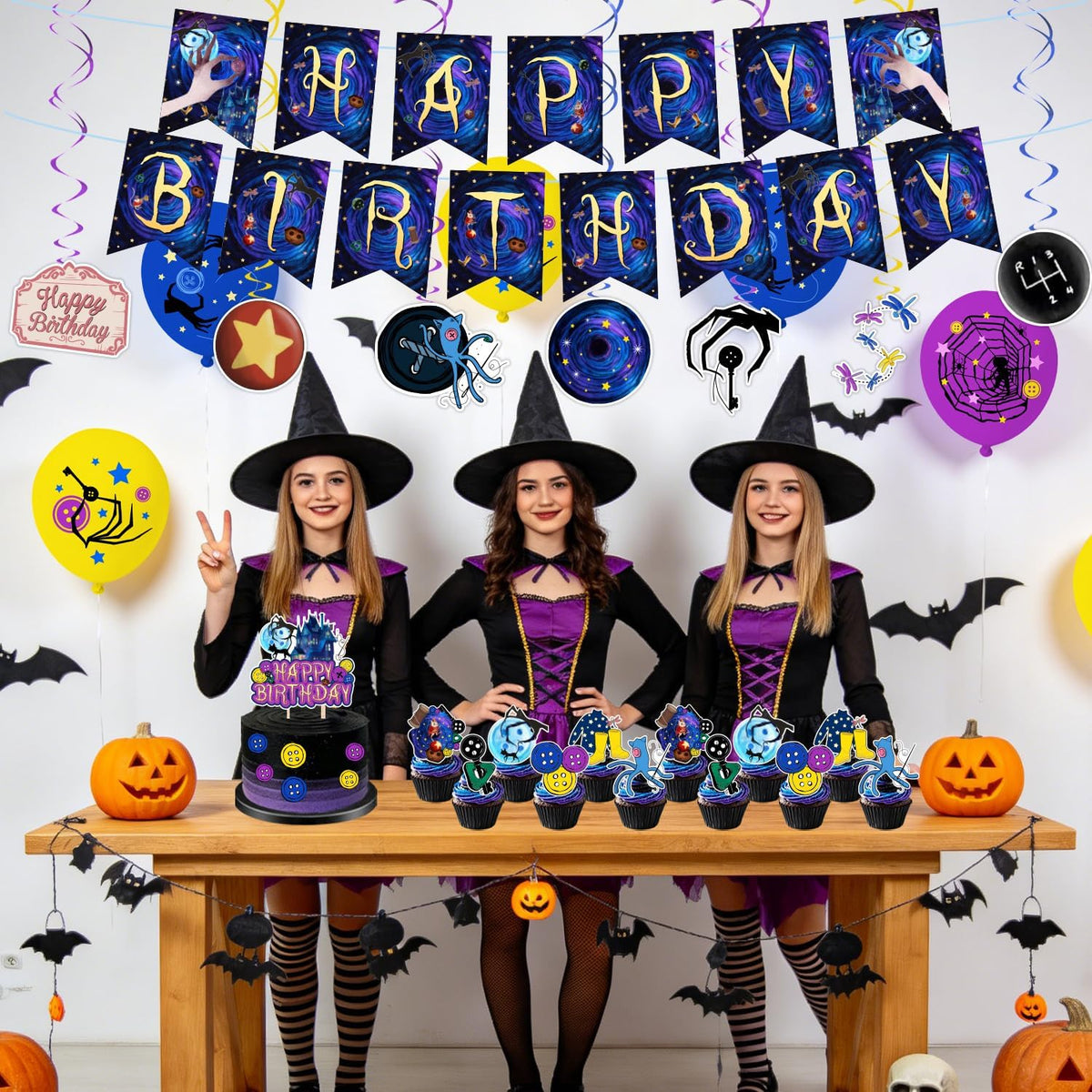 40Pcs Horror Birthday Party Decorations Blue Purple Theme Birthday Party Supplies Including Banner Hanging Swirls Balloons Backdrop Cake Toppers and Cupcake Toppers for Halloween Parties Decorations