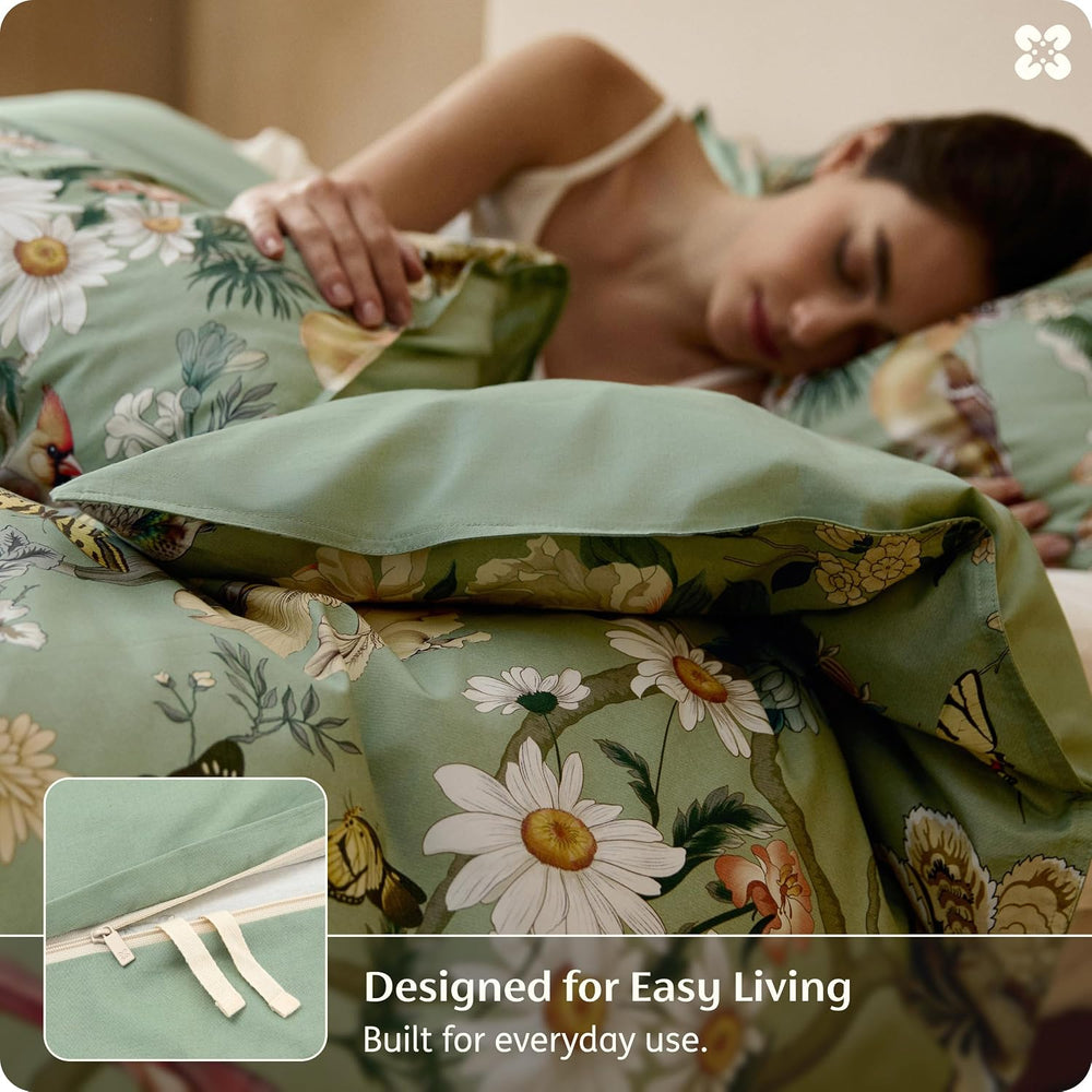 Bedsure PureWoven 100% Cotton Floral Duvet Cover Set, Queen, Green Garden