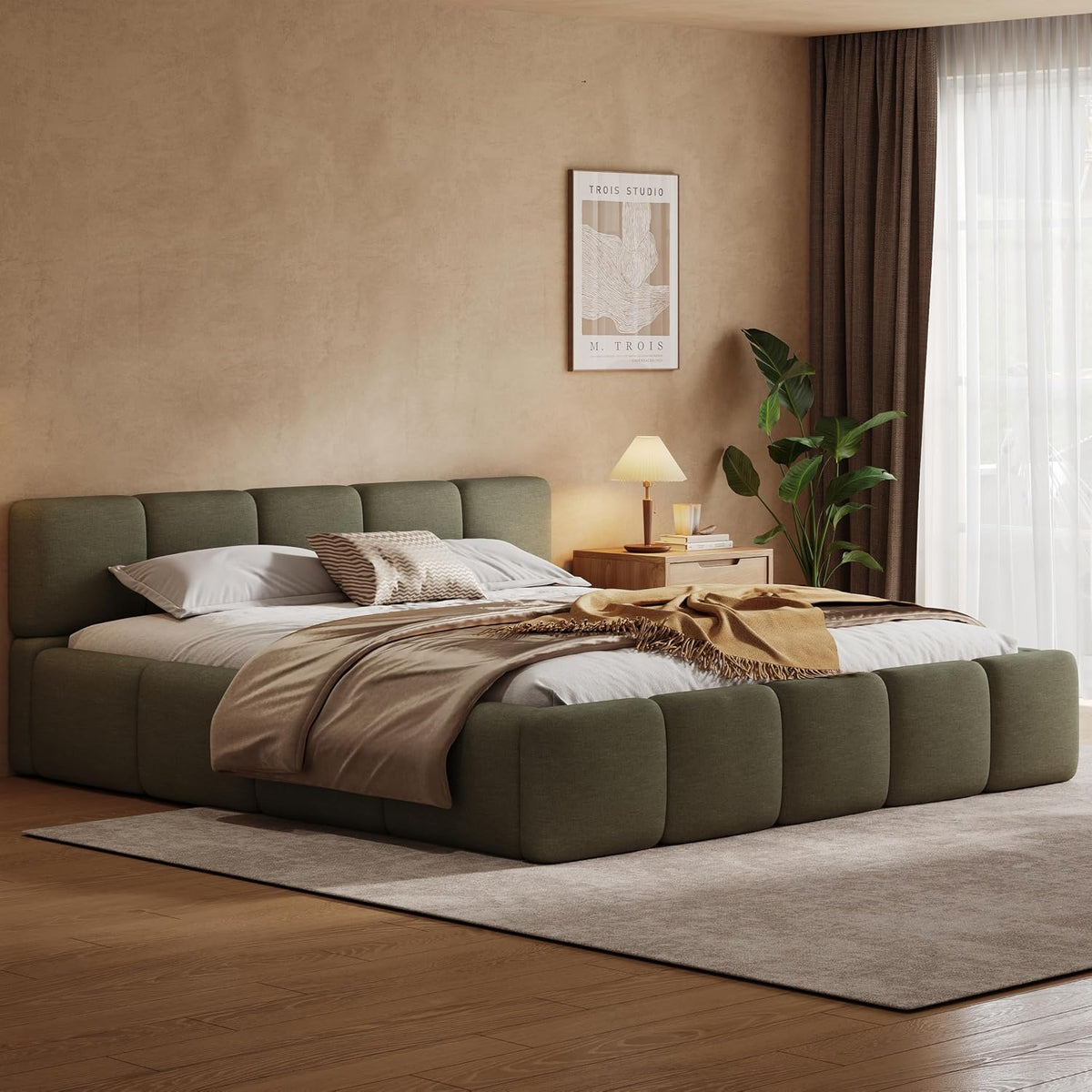 merax king boucle platform bed with thick headboard shown in use