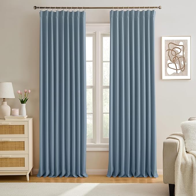 KEQIAOSUOCAI 2 PCs Dusty Blue Pleat Wide Drapes by KEQIAOSUOCAI