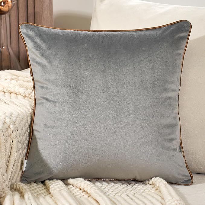 Aeckself Grey Geometric Throw Pillow Cover 18x18 Inch, Soft Velvet Gold Plaid - Image 2