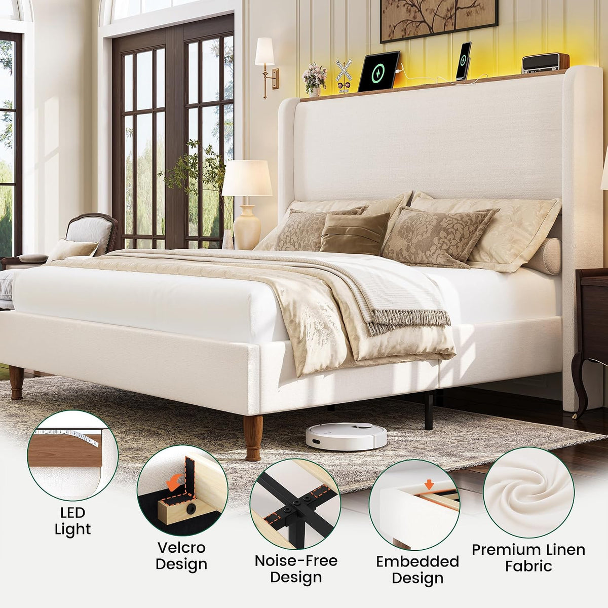 larmace california king size bed frame with led, front angle view