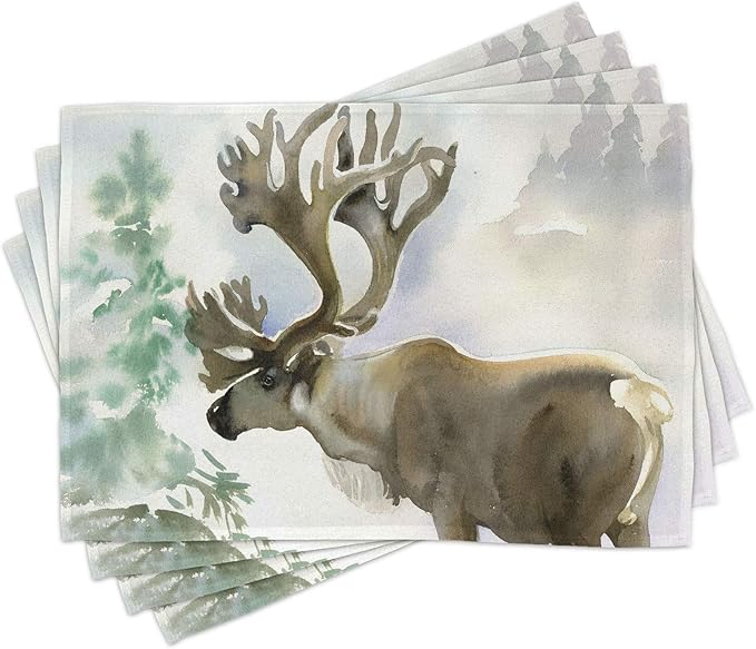 Ambesonne Antlers Place Mats Set of 4, Moose in Winter Forest Wildlife Reindeer by Ambesonne