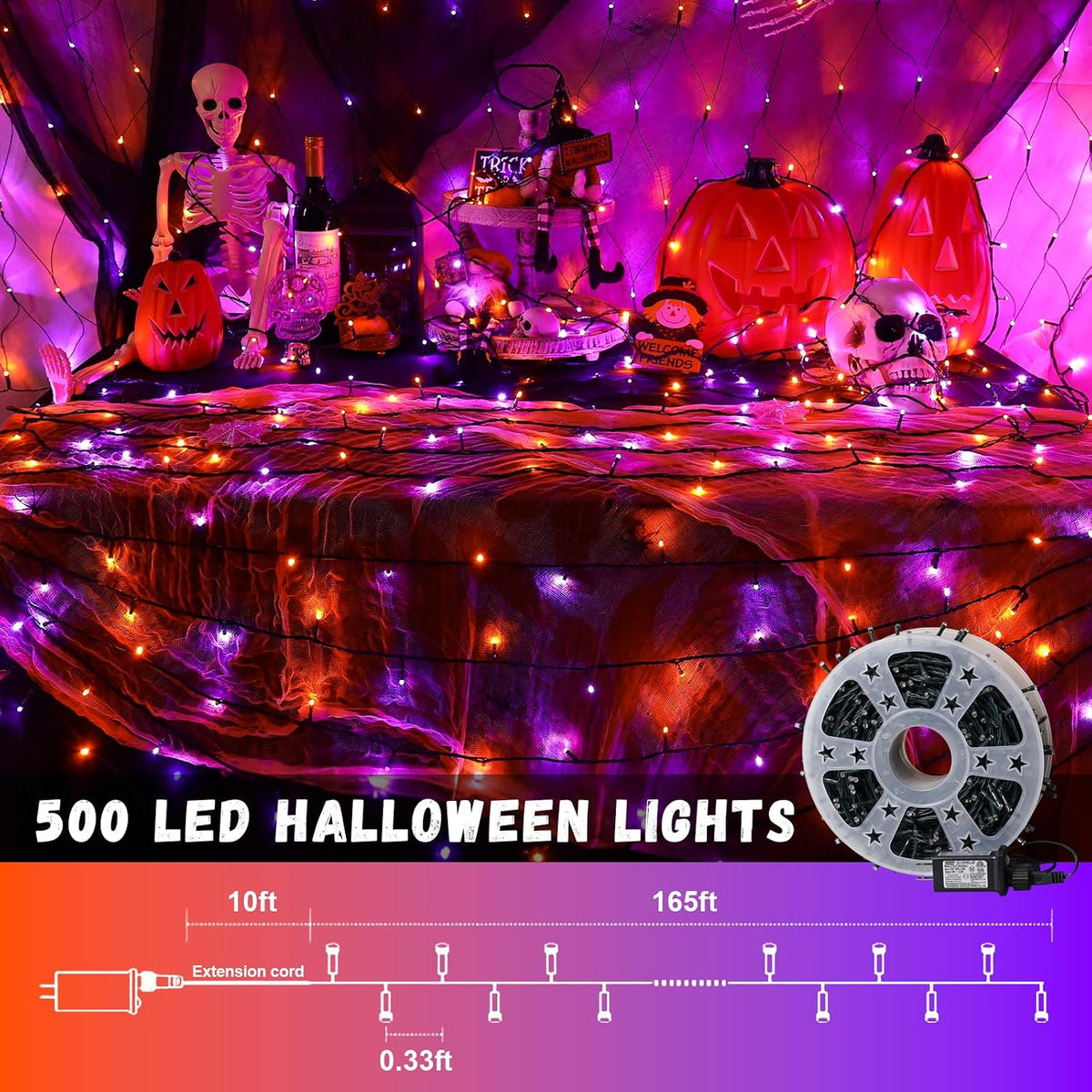 QITONG 165ft 500 LED Orange and Purple Halloween Lights Outdoor Waterproof, String Lights for Outside with 8 Modes, Green Wire Twinkle Lights Plug in Indoor