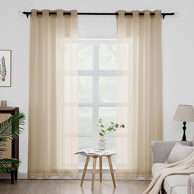 Foil Stripe Taupe Sheer Curtains 84 inches Length 2 Panels by MISSTIAM