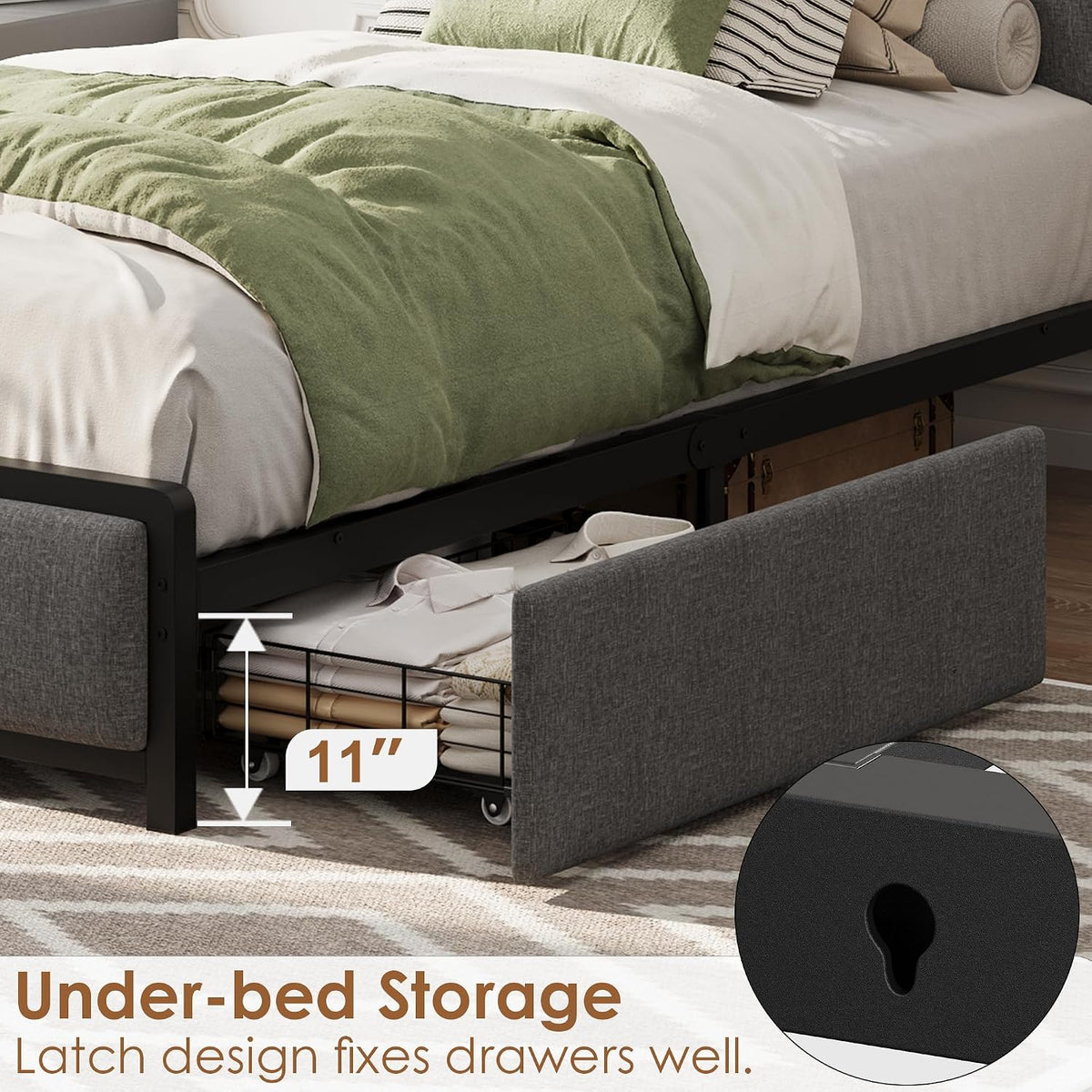 gaomon twin size bed frame with 2 drawers on a desk or shelf