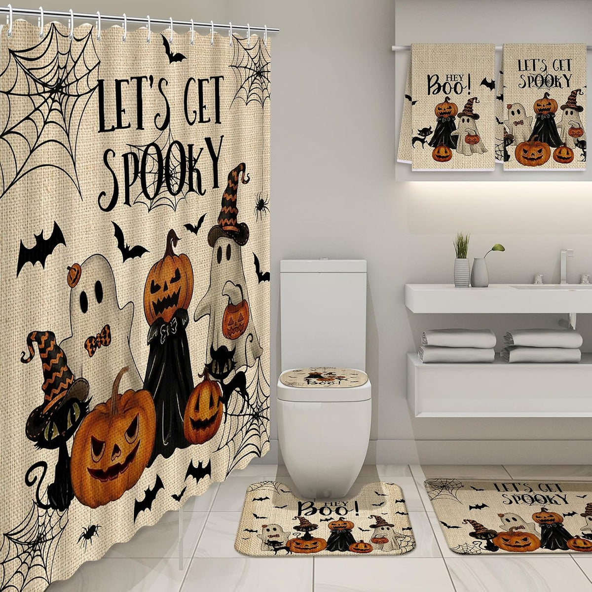 nuanchu 6 pcs halloween shower curtain set with shown in use
