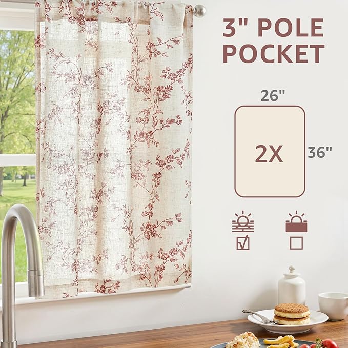 jinchan Floral Kitchen Curtains 36 Inch Christmas Decor Linen Tier Curtains - Image 2