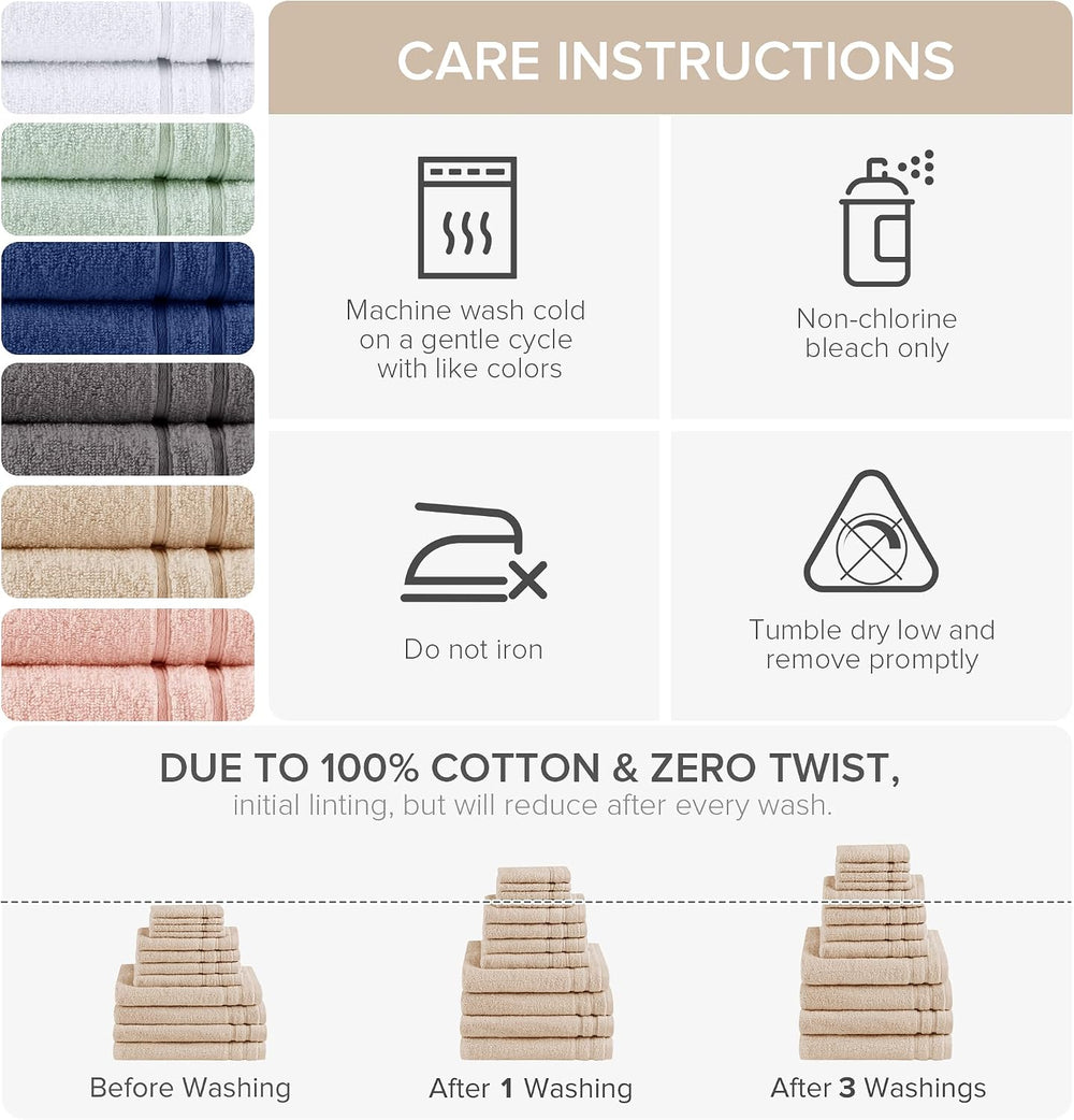 Comfort Spaces 12 Pc Towel Set, 100% Cotton Zero Twist, Beige Tan