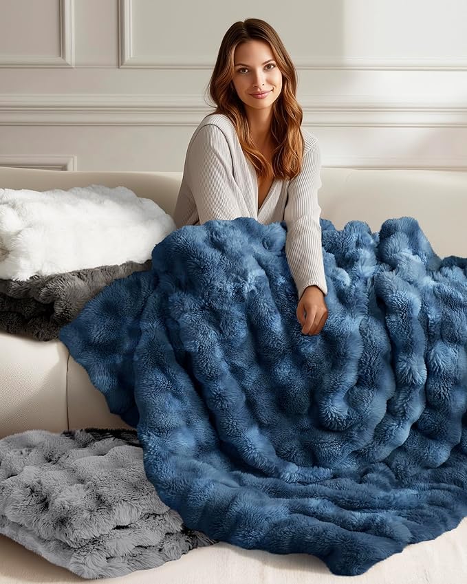 Ultra Soft Cozy Faux Fur Throw Blanket, Fuzzy Plush Thick Bubble Blanket - Image 7