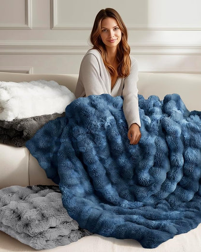 Ultra Soft Cozy Faux Fur Throw Blanket, Fuzzy Plush Thick Bubble Blanket - Image 7