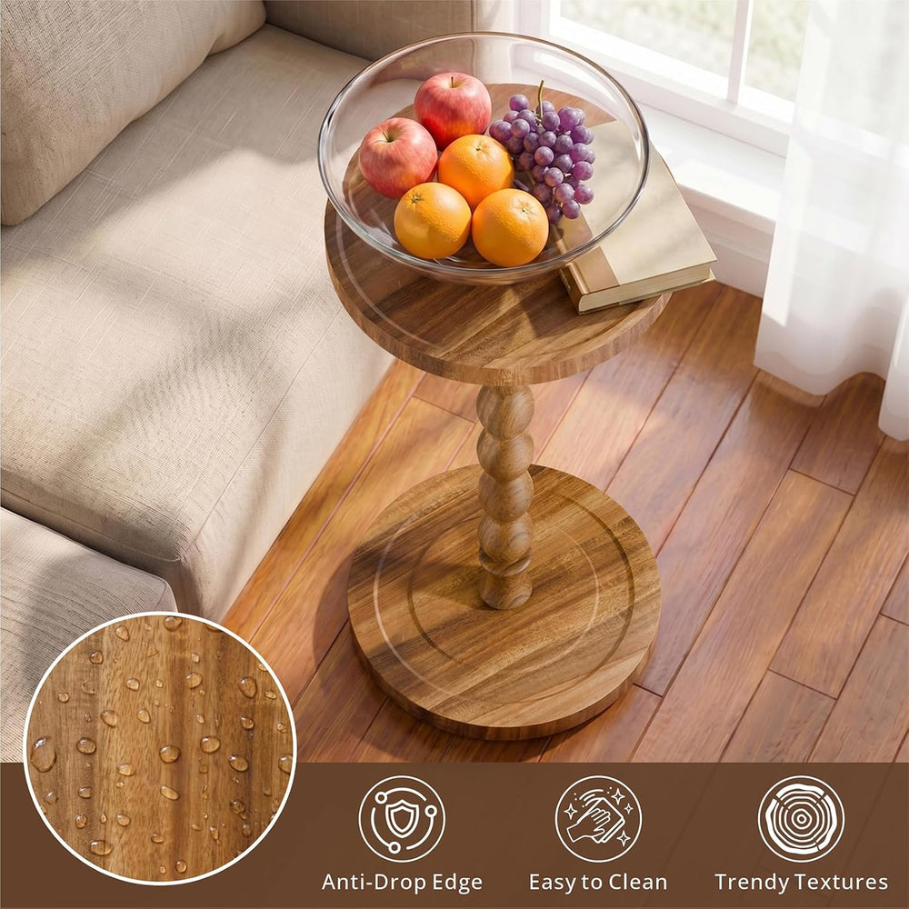 Small Round Side Table, Acacia Wood‌ Drink Table for Small Spaces