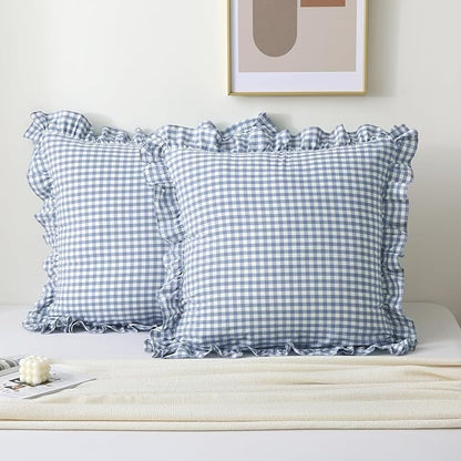2 Pack Dust Blue White Plaid Ruffle Euro Throw Pillow Covers, 100% Cotton - Image 7