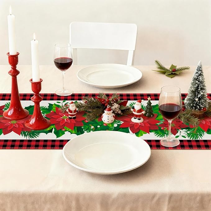 OTOSTAR Black and Red Buffalo Check Plaid Holly Christmas Flowers Table Runner - Image 9