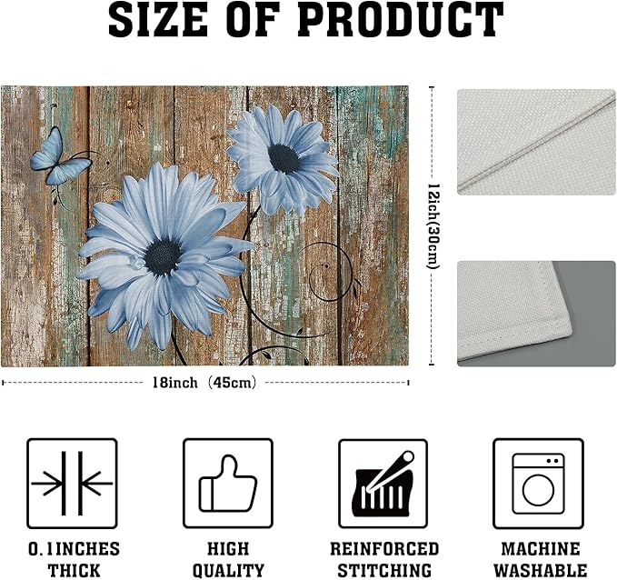 Giwawa Rustic Daisy Placemats Set of 4- Blue Sunflowers on Vintage Wood Board - Image 4