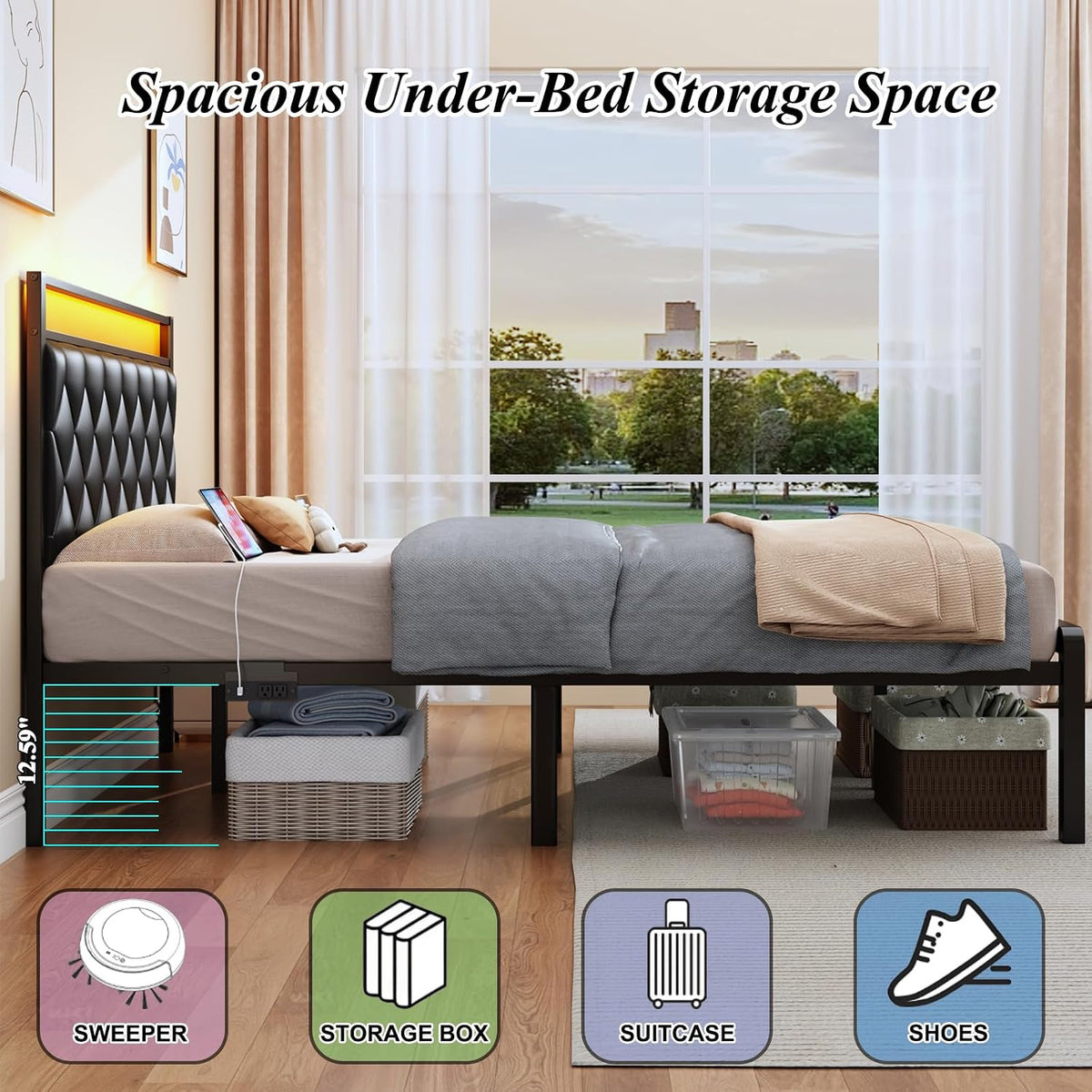 queen size bed frames with charging station & showing dimensions