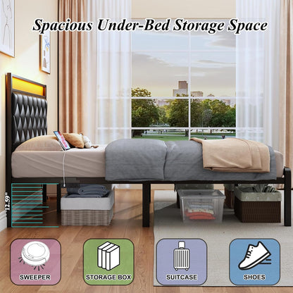 queen size bed frames with charging station & showing dimensions
