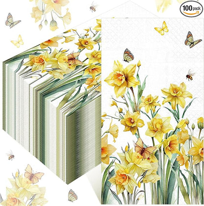 Peryiter 100 Pcs Spring Floral Daffodils Paper Napkins 13 x 15.7 Inch Yellow by Peryiter