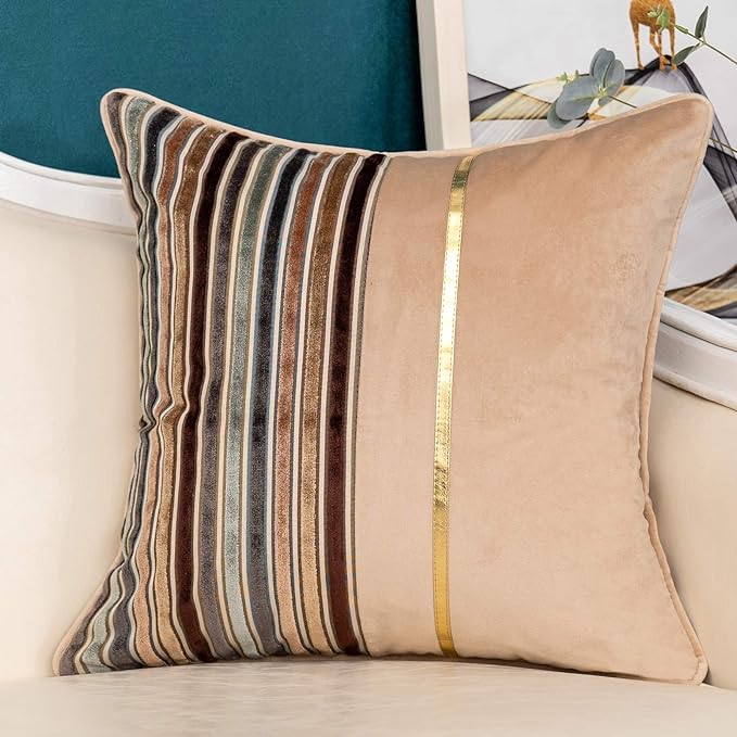 Yangest Brown Striped Patchwork Throw Pillow Cover Gold Leather Cushion Cover by Yangest