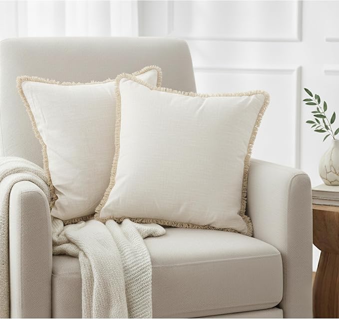 18×18 Ivory White Decorative Fringe Cotton Pillow Covers Boho Farmhouse Throw - Image 6