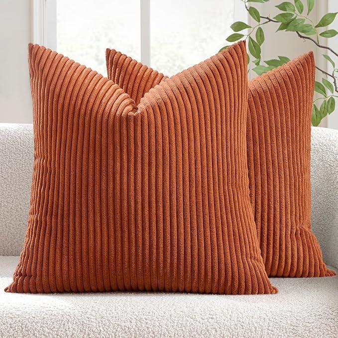 MIULEE Pack of 2 Rust Pillow Covers 16x16 Inch Soft Boho Striped Corduroy Throw by MIULEE