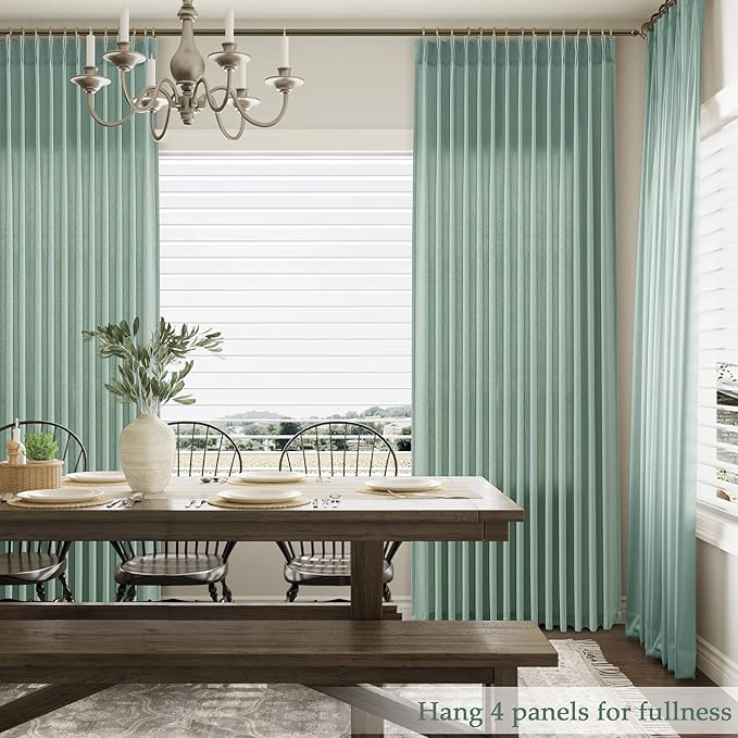 Aqua Green Pinch Pleated Linen Curtains 108 Inch Length 2 Panels - Image 7