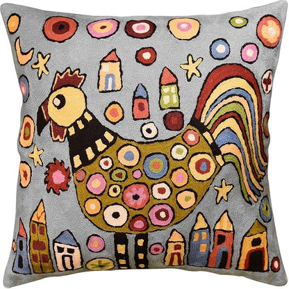 Blue Rooster Throw Pillow Cover Karla Gerard Folklore Pillowcase Cock Bird by Kashmir+Designs