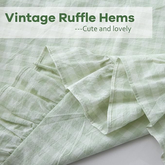 2 Pack Pile Green White Plaid Ruffle Gingham Euro Shams Pillow Covers, 100% - Image 5