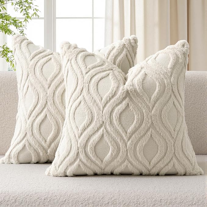 MIULEE Beige Throw Pillow Covers 22x22 Inch, Neutral Soft Plush Faux Wool Solid by MIULEE