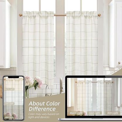 DriftAway Kitchen Curtains Striped Tier Linen Short Curtains Windowpane Plaid - Image 7