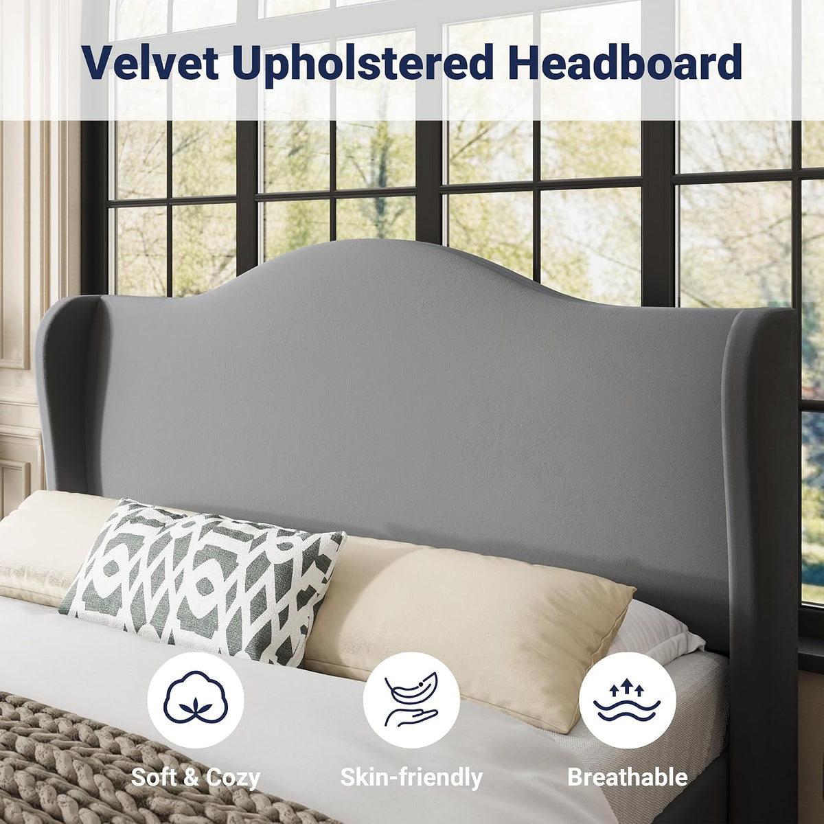 allewie queen size bed frame, plush velvet wingback, side view