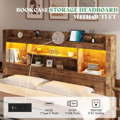 amerlife queen bed frame with bookcase headboard &, side view