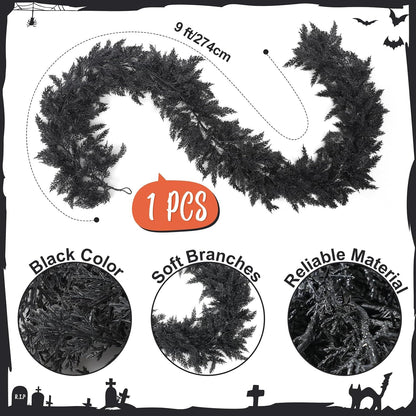 Dingion 1 Pack 9 ft Halloween Black Artificial Cedar Garland