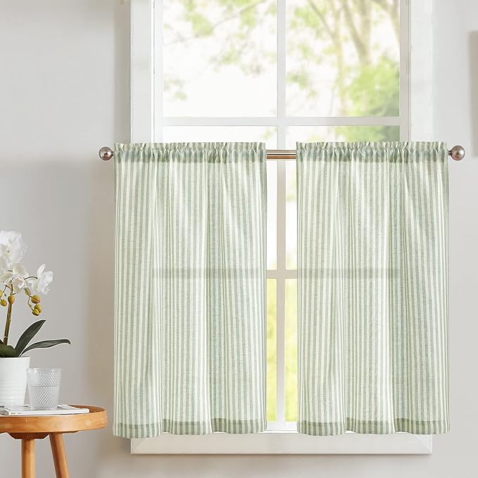 Vangao Stripe Farmhouse Kitchen Curtains 24 Inch Length Linen Cafe Curtains by Vangao