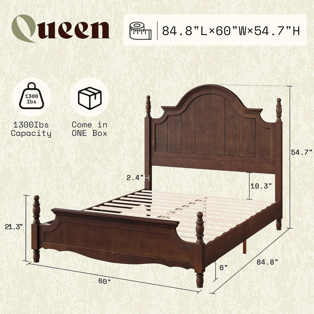 AMERLIFE Queen Solid Wood Poster Bed with Arched Headboard, Dark Walnut