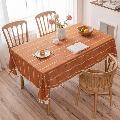 Burnt Orange Linen Rectangle Table Cloth with Tassel Farmhouse Burlap Tablecloths for Kitchen Dining Heavyweight Oblong Table Covering Cloth Autumn Fall Halloween Holiday Boho Decor, 55x102 Inch